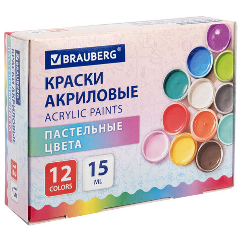 Краски акриловые ПАСТЕЛЬНЫЕ для рисования и творчества 12 цветов по мл, BRAUBERG