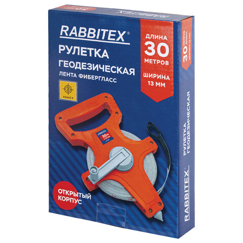 Рулетка геодезическая 30 м х 13 мм, лента фибергласс, открытый корпус, RABBITEX (РАББИТЕКС)