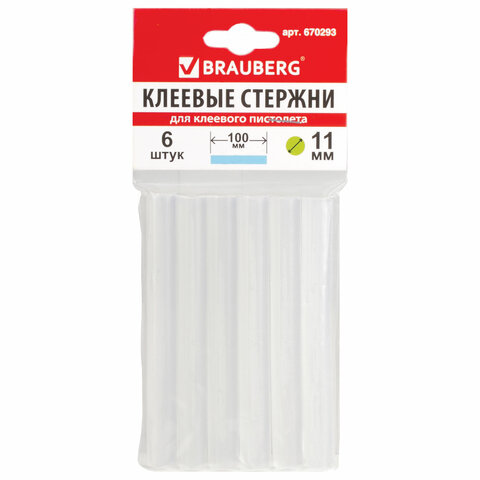 Клеевые стержни, диаметр мм, длина 100 мм, прозрачные, комплект 6 шт., BRAUBERG, европодвес