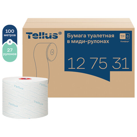 Бумага туалетная 100 м, Tellus/TORK (Система Т6) ADVANCED, КОМПЛЕКТ 27 рулонов, 2-слойная, 127531