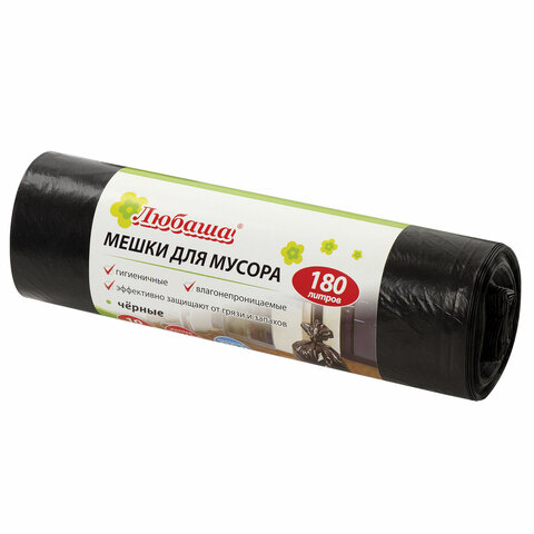Мешки для мусора л черные в рулоне 10 шт., ПВД 24 мкм, 80х106 см, ЛЮБАША эконом