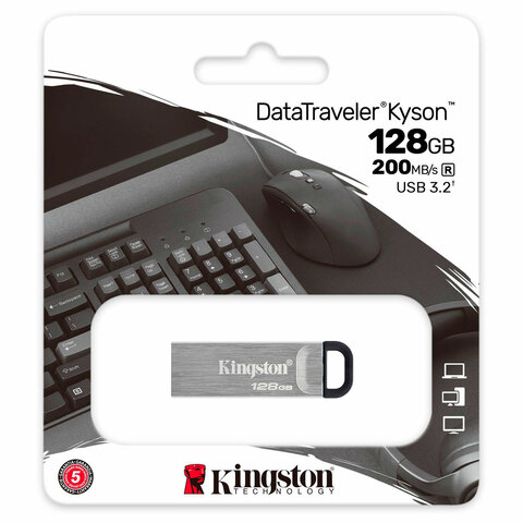 Флеш-диск GB KINGSTON DataTraveler Kyson, разъем USB 3.2, серебряный, DTKN/128GB