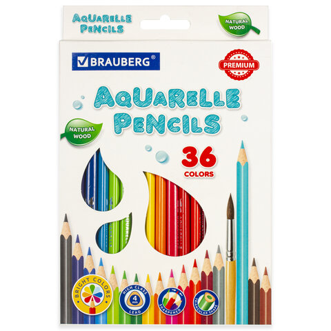Карандаши цветные акварельные BRAUBERG PREMIUM AQUARELLE, 36 цветов, трехгранные, утолщенный грифель 4 мм, натуральное дерево