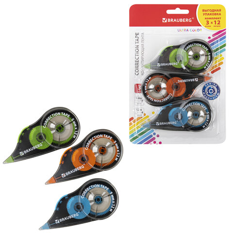 Корректирующая лента BRAUBERG ULTRA COLOR, 5 мм x 12 м, механизм перемотки, ВЫГОДНАЯ УПАКОВКА 3 штуки в блистере