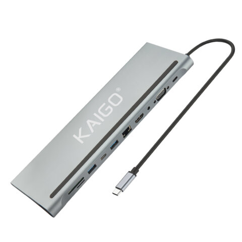 Док-станция KG-050, в/с, 11 в 1, USB-A 2.0/3.2, Type-C 3.2 - PD 3.0, RJ-45, SD/TF 2.0, HDMI, VGA, AUX, 250 мм, KAIGO (КАЙГО)