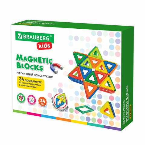 Магнитный конструктор BIG MAGNETIC BLOCKS-34, 34 детали, с колесной базой, BRAUBERG KIDS