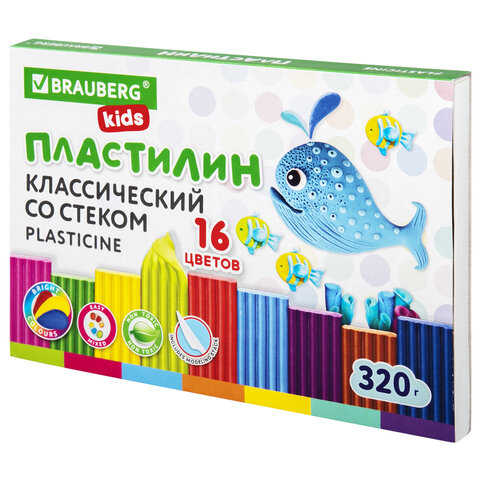 Пластилин классический BRAUBERG KIDS, 16 цветов, г, со стеком