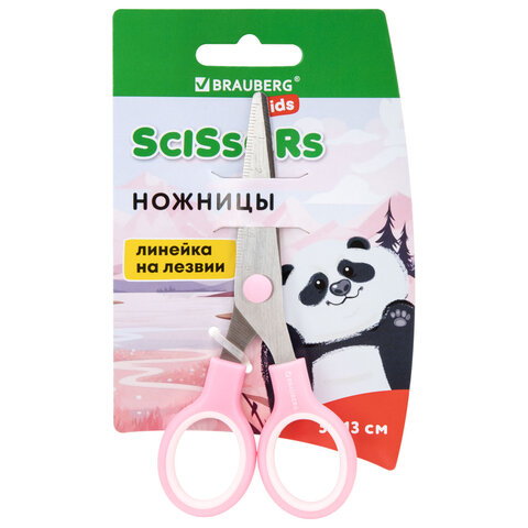 Ножницы BRAUBERG KIDS 130 мм, ручки розовые, закругленные лезвия с линейкой