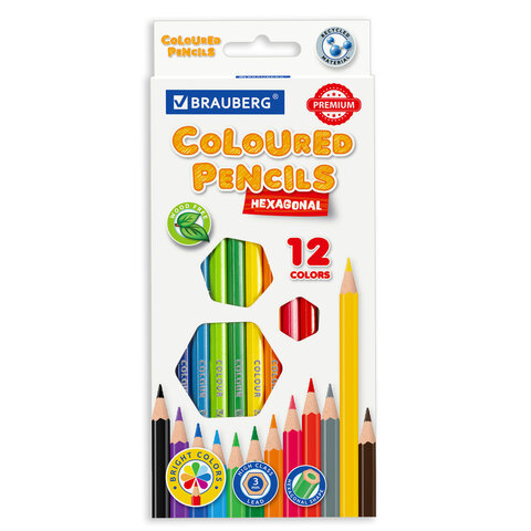 Карандаши цветные BRAUBERG PREMIUM, 12 цветов, шестигранные, грифель 3 мм