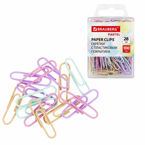 Скрепки BRAUBERG PASTEL, 28 мм, пастельные цвета, 100 шт., в пластиковой коробке