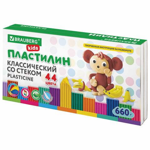 Пластилин классический BRAUBERG KIDS, 44 цвета, грамм, стек, ВЫСШЕЕ КАЧЕСТВО