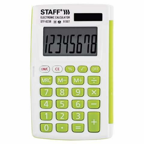 Калькулятор карманный STAFF STF-6238 (104х63 мм), 8 разрядов, двойное питание, С ЗЕЛЁНЫМИ КНОПКАМИ, блистер