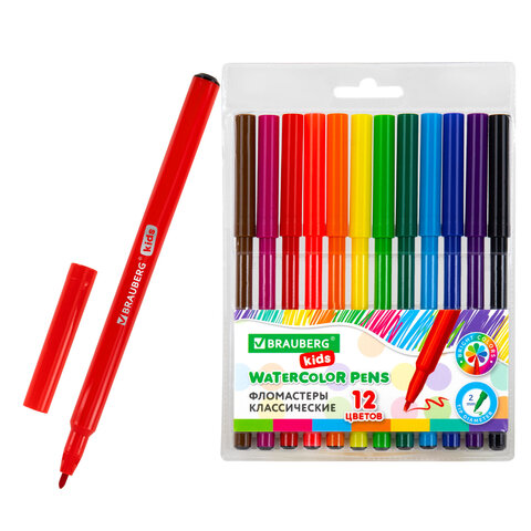 Фломастеры BRAUBERG KIDS КЛАССИЧЕСКИЕ 12 цветов, вентилируемый колпачок, ПВХ-упаковка