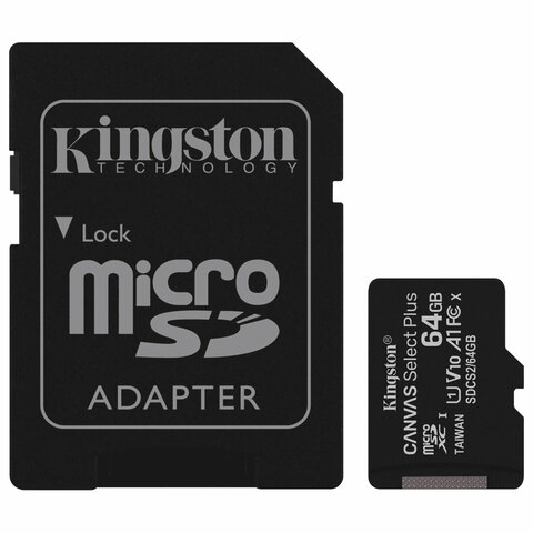 Карта памяти microSDXC GB KINGSTON Canvas Select Plus, UHS-I U1, 100 Мб/с (class 10), адаптер, SDCS2/64GB