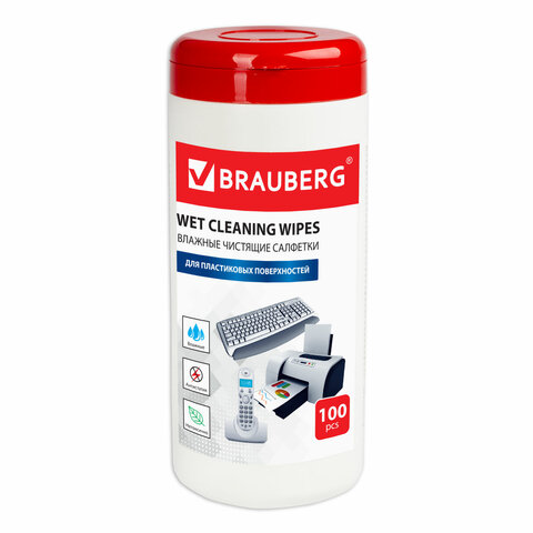 Салфетки для пластиковых поверхностей BRAUBERG, туба 100 шт., влажные