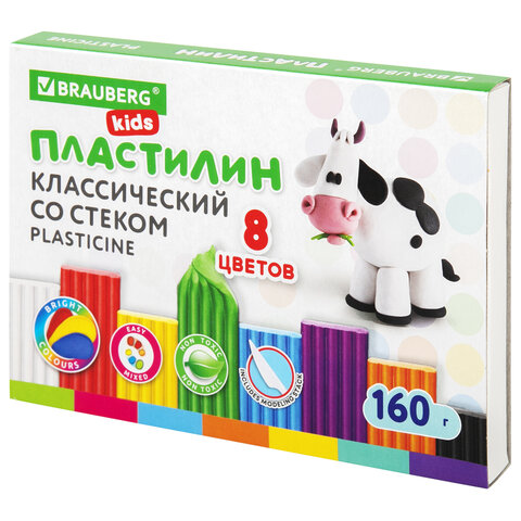 Пластилин классический BRAUBERG KIDS, 8 цветов, г, со стеком