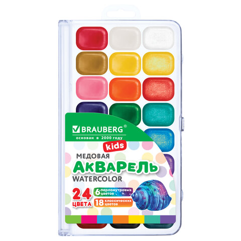 Краски акварельные BRAUBERG KIDS NEW, медовые, 24 цвета (18 базовых + 6 перламутр), квадратные кюветы, пластик. пенал с европодвесом