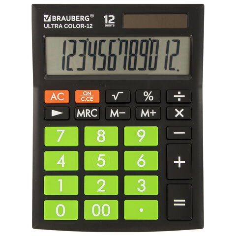 Калькулятор настольный BRAUBERG ULTRA COLOR-12-BKLG (192x143 мм), 12 разрядов, двойное питание, ЧЕРНО-САЛАТОВЫЙ