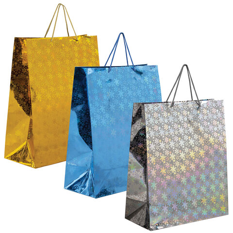 Пакет подарочный новогодний (1 шт.) 41x19x49 см (XXL), ГОЛОГРАФИЯ, 3 цвета, ЗОЛОТАЯ СКАЗКА