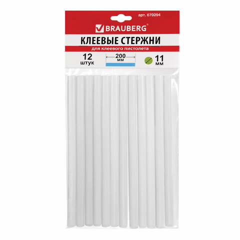 Клеевые стержни, диаметр мм, длина 200 мм, прозрачные, комплект 12 шт., BRAUBERG, европодвес