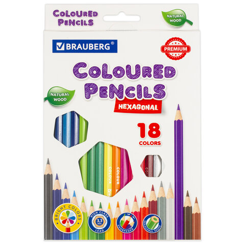 Карандаши цветные BRAUBERG PREMIUM, 18 цветов, шестигранные, грифель 3,3 мм, натуральное дерево