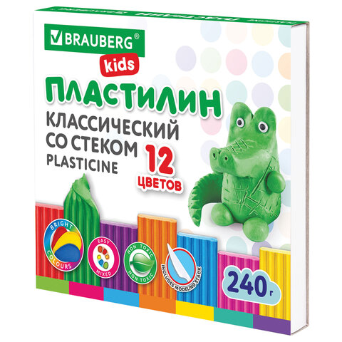 Пластилин классический BRAUBERG KIDS, 12 цветов, г, стек, ВЫСШЕЕ КАЧЕСТВО