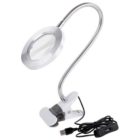 Лупа настольная на прищепке с LED-ПОДСВЕТКОЙ, диаметр мм, увеличение 3, BRAUBERG