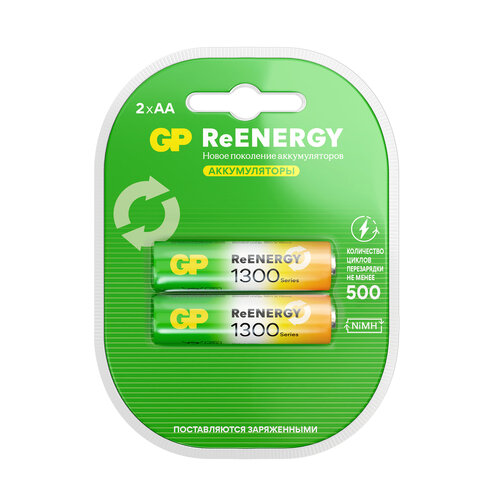 Батарейки аккумуляторные GP ReEnergy Ni-Mh пальчиковые КОМПЛЕКТ 2 шт., AA (HR6), 1300 mAh, 130AAHCRGY, 130AAHCRGY-2CRC
