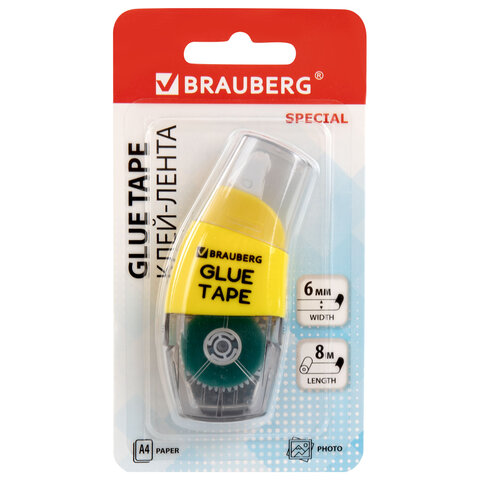 Клей-лента BRAUBERG SPECIAL, 6 мм х 8 м, корпус жёлтый, блистер