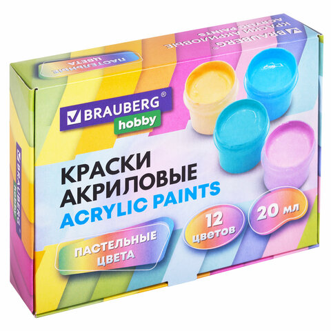 Краски акриловые ПАСТЕЛЬНЫЕ для рисования и творчества 12 цветов по мл, BRAUBERG HOBBY