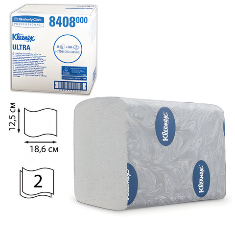 Бумага туалетная листовая KIMBERLY-CLARK Kleenex, КОМПЛЕКТ 36 шт., Ultra, 200 л., см, 2-слойная, артикул 8408
