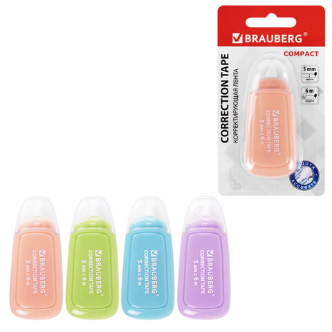 Корректирующая лента BRAUBERG COMPACT PLUS PASTEL, 5 мм х 6 м, корпус , блистер
