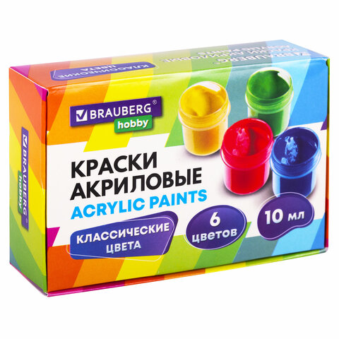 Краски акриловые для рисования и творчества 6 цветов по мл, BRAUBERG HOBBY