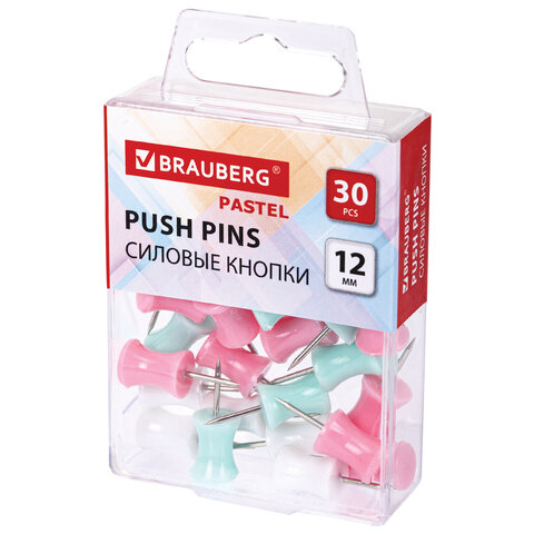 Силовые кнопки-гвоздики BRAUBERG PASTEL, пастельные цвета, 30 штук, 12 мм