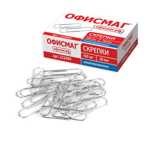 Скрепки ОФИСМАГ, 28 мм, никелированные, 100 шт., в картонной коробке, Россия