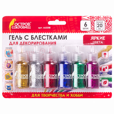 Гель с блестками ОСТРОВ СОКРОВИЩ, для декора, поделок, DIY, творчества, оформления, 6 ярких цветов по , блистер