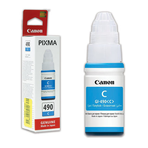 Чернила CANON (GI-490С) для СНПЧ Pixma G1400\G2400\G3400, ресурс 7000 стр., оригинальные, 0664C001