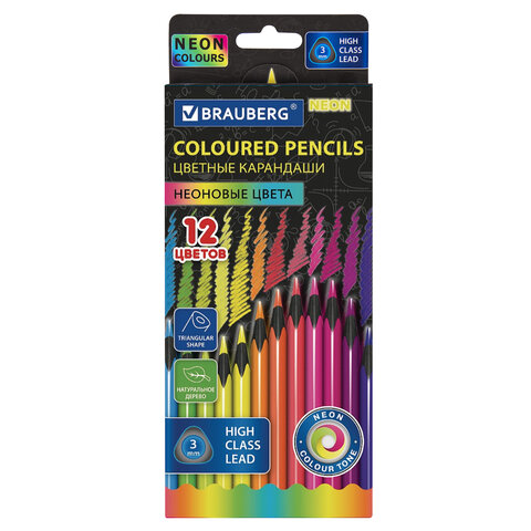 Карандаши цветные BRAUBERG NEON, 12 неоновых цветов, трехгранные, грифель 3 мм, черное дерево