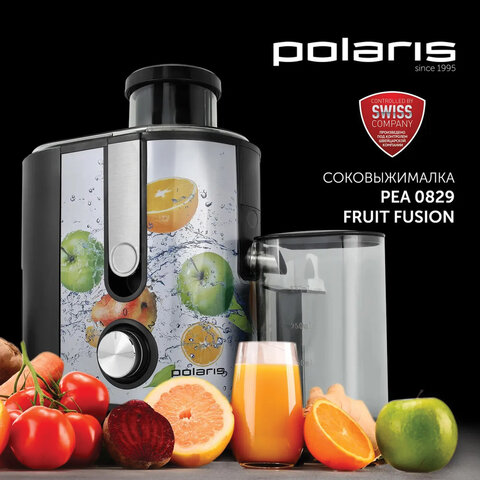 Соковыжималка POLARIS PEA 0829 Fruit Fusion, 800 Вт, стакан 0,35 л, емкость жмыха 1 л, пластик, сталь/черный