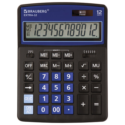Калькулятор настольный BRAUBERG EXTRA-12-BKBU (206x155 мм), 12 разрядов, двойное питание, ЧЕРНО-СИНИЙ