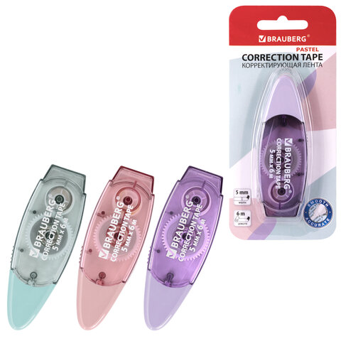 Корректирующая лента BRAUBERG PASTEL, 5 мм х 6 м, ассорти, блистер