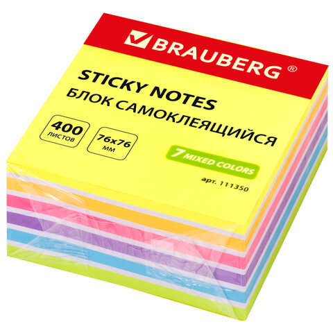 Блок самоклеящийся (стикеры) BRAUBERG НЕОНОВЫЙ 76х76 мм, 400 листов, 7 цветов