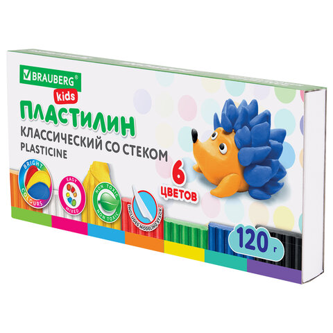 Пластилин классический BRAUBERG KIDS, 6 цветов, г, стек, ВЫСШЕЕ КАЧЕСТВО