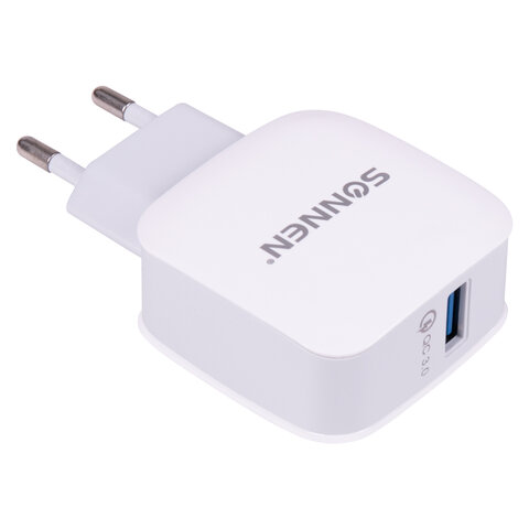 Зарядное устройство быстрое сетевое (220 В) SONNEN, USB QC 3.0 18 Вт, 3 А