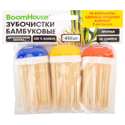 Зубочистки бамбуковые 450 штук, КОМПЛЕКТ 3 диспенсера по 150 штук, BOOMHOUSE (БУМХАУС)