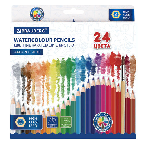 Карандаши цветные акварельные BRAUBERG 24 цвета с КИСТЬЮ, шестигранные, грифель 3 мм, натуральное дерево