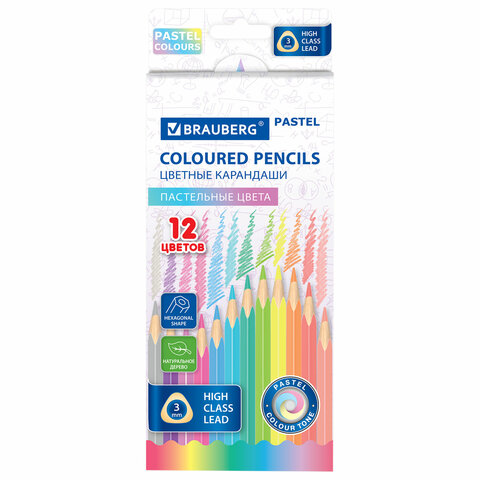 Карандаши цветные BRAUBERG PASTEL, 12 пастельных цветов, трехгранные, грифель 3 мм, натуральное дерево