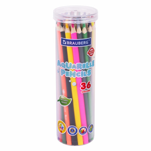 Карандаши цветные акварельные BRAUBERG PREMIUM AQUARELLE 36 цветов в тубе, трехгранные, утолщенный грифель 4 мм, натуральное дерево