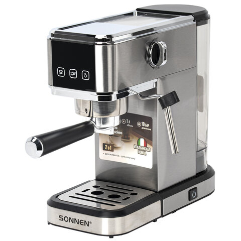 Кофеварка рожковая SONNEN CM-2033, ручной капучинатор, сенсор, 1 л, 1350 Вт, 19 бар