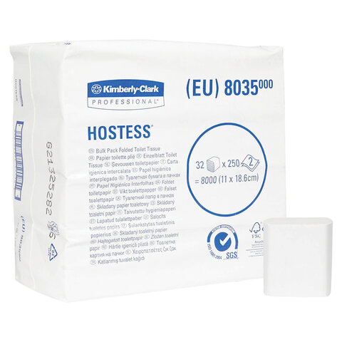 Бумага туалетная листовая KIMBERLY-CLARK Hostess КОМПЛЕКТ 32 шт., 250 листов, см, 2-слойная